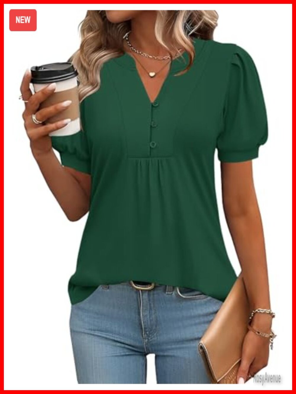 Womens Puff Short Sleeve V-Neck Pleated Blouse Loose Fit Tunic Top Casual